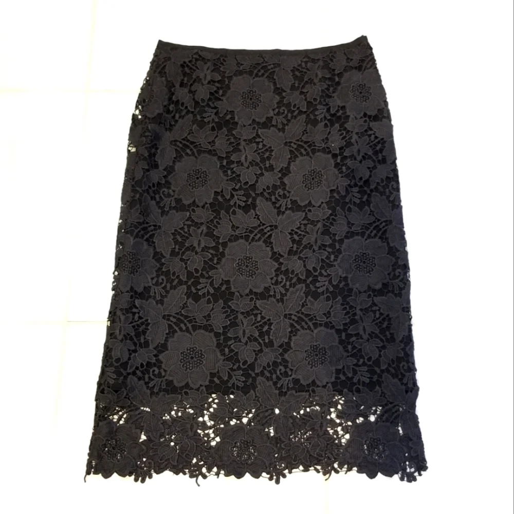 Lafayette 148 New York Over the Knee Black Lace Overlay Pencil Skirt Sz 8